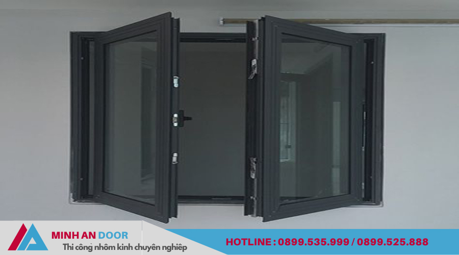 Cửa sổ mở quay 2 cánh màu đen nhôm Xingfa. mẫu cửa sổ nhôm Xingfa dễ sử dụng và bảo dưỡng.
